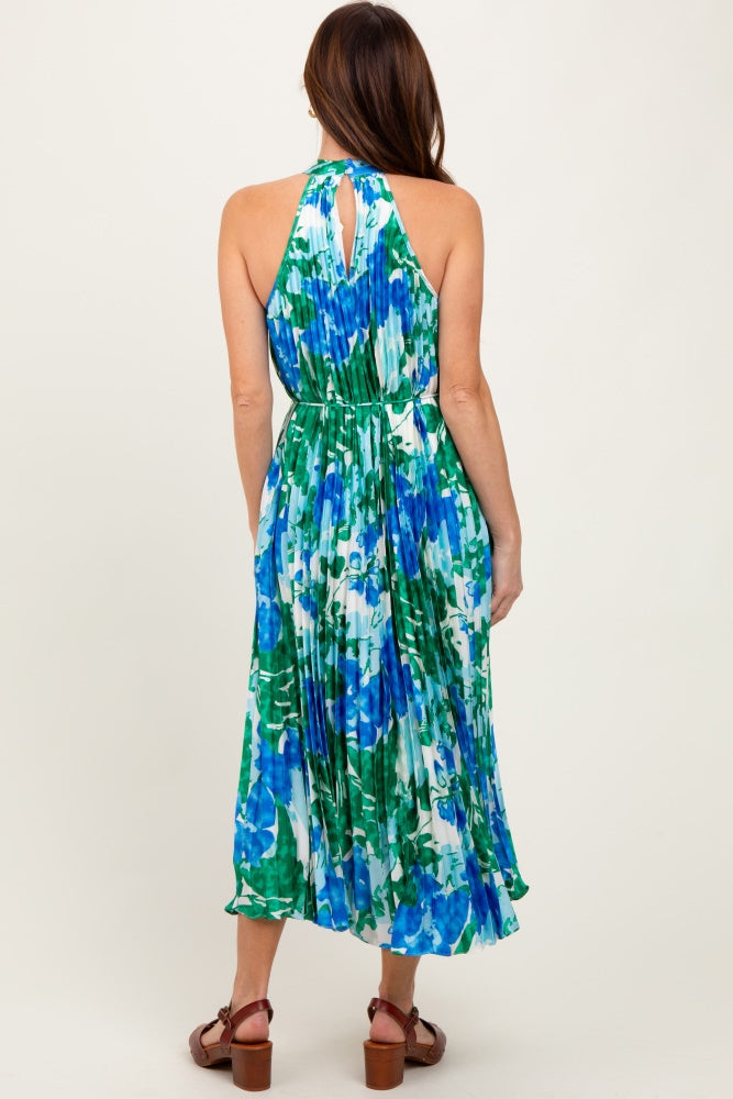 Blue Floral Satin Pleated Halter Neck Midi Dress