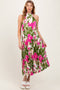 Fuchsia Floral Satin Pleated Halter Neck Maternity Midi Dress