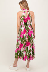 Fuchsia Floral Satin Pleated Halter Neck Maternity Midi Dress
