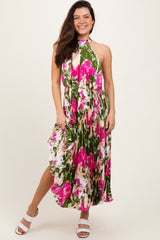 Fuchsia Floral Satin Pleated Halter Neck Midi Dress