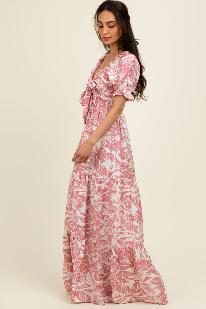 Pink Tropical Print Smocked Front Tie Maxi Dress