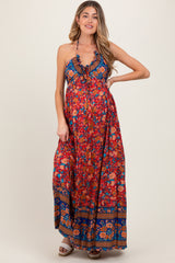 Rust Floral Colorblock Halter Tie Back Maternity Maxi Dress