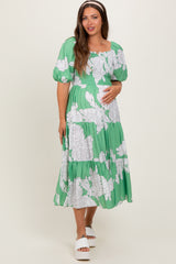 Green Floral Smocked Front Tie Cutout Maternity Maxi Dress