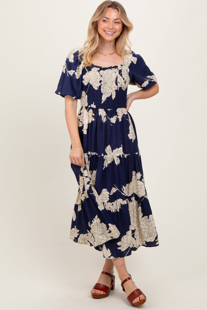 Navy Floral Smocked Front Tie Cutout Maxi Dress