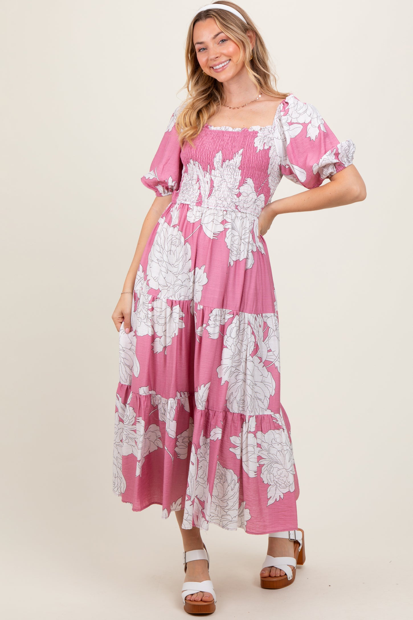 Pink Floral Smocked Front Tie Cutout Maternity Maxi Dress