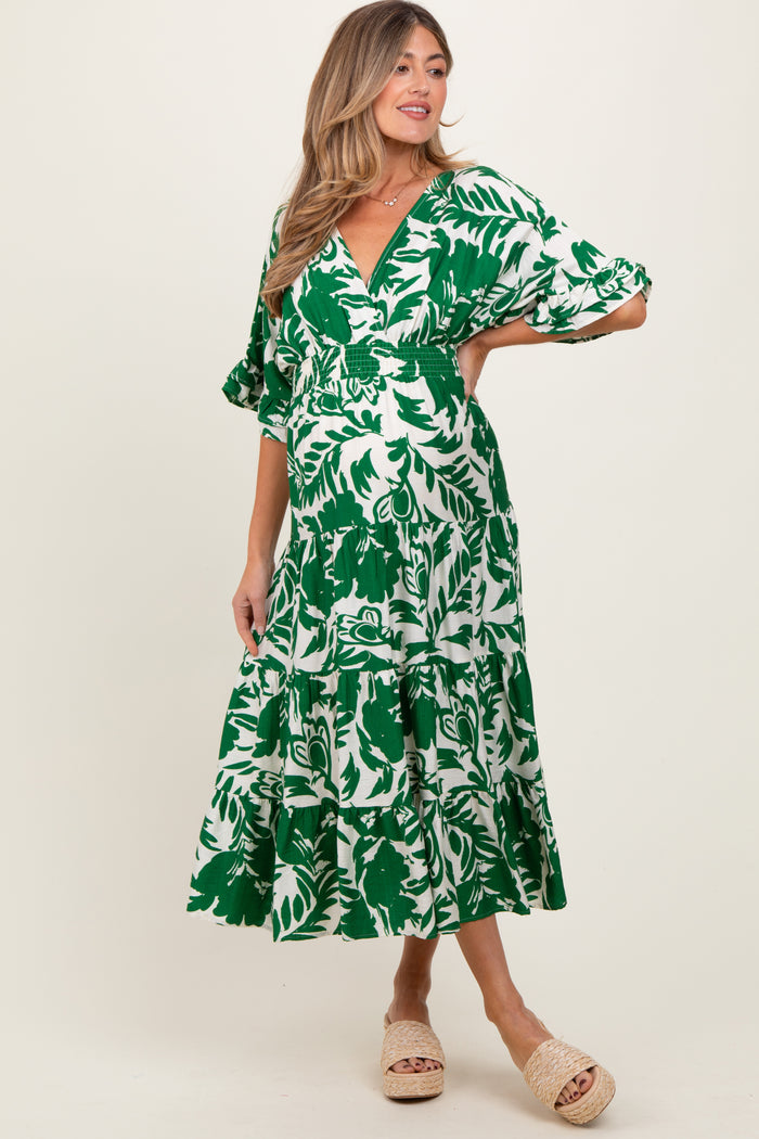 Green Abstract Floral V-Neck Tiered Maternity Midi Dress