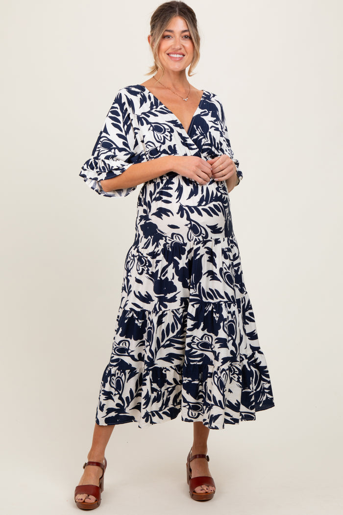 Navy Abstract Floral V-Neck Tiered Maternity Midi Dress