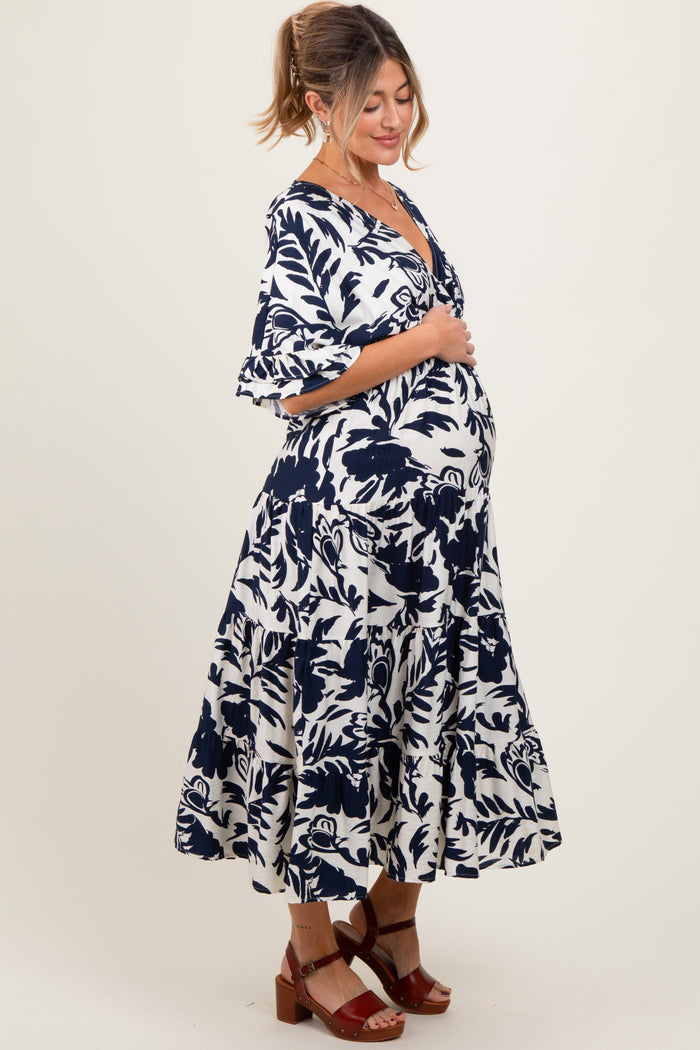 Navy Abstract Floral V-Neck Tiered Maternity Midi Dress