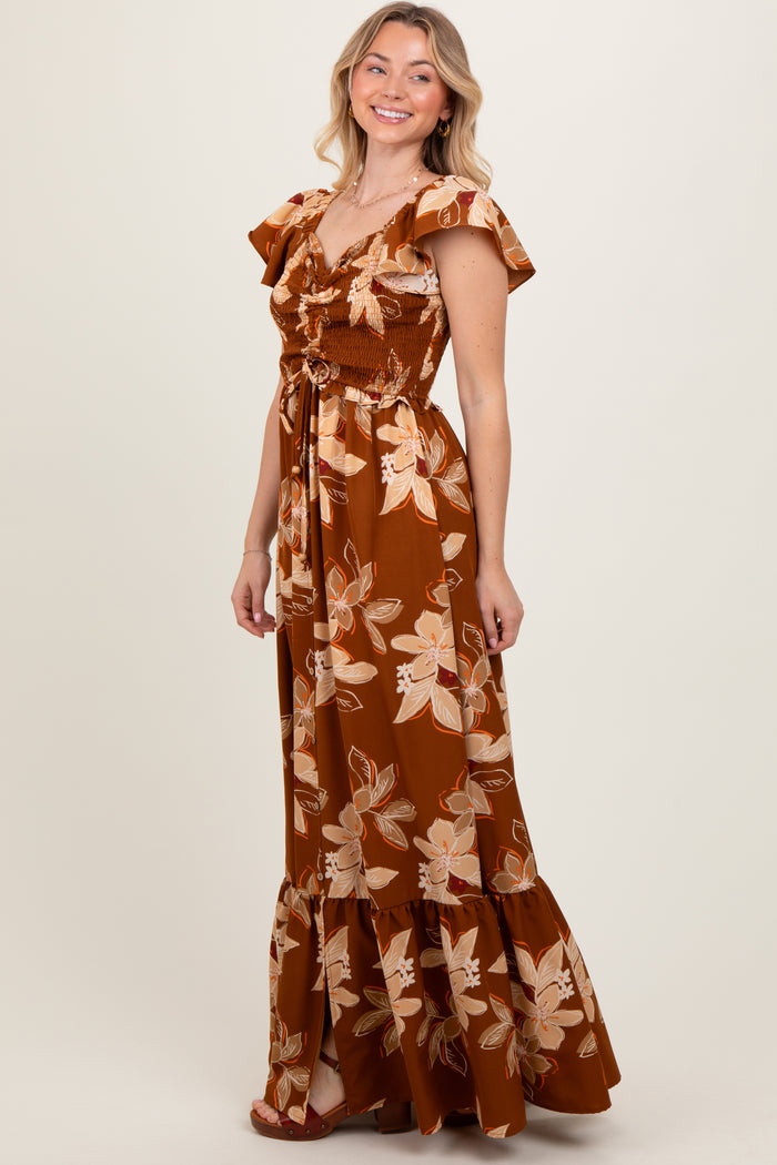 Mocha Floral Smocked Cinched Top Maxi Dress