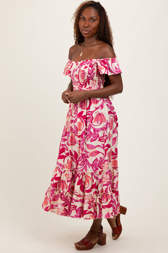 Magenta Multi Smocked Top Woven Midi Dress