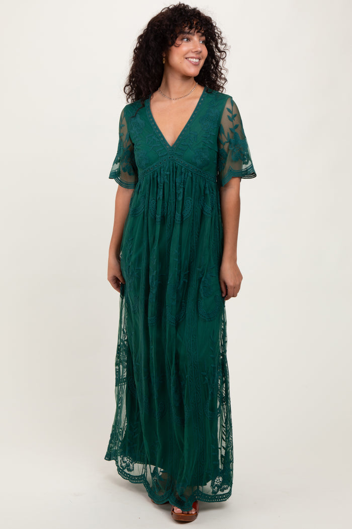 Green Lace Mesh Overlay Maxi Dress