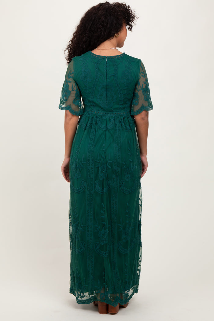 Green Lace Mesh Overlay Maxi Dress