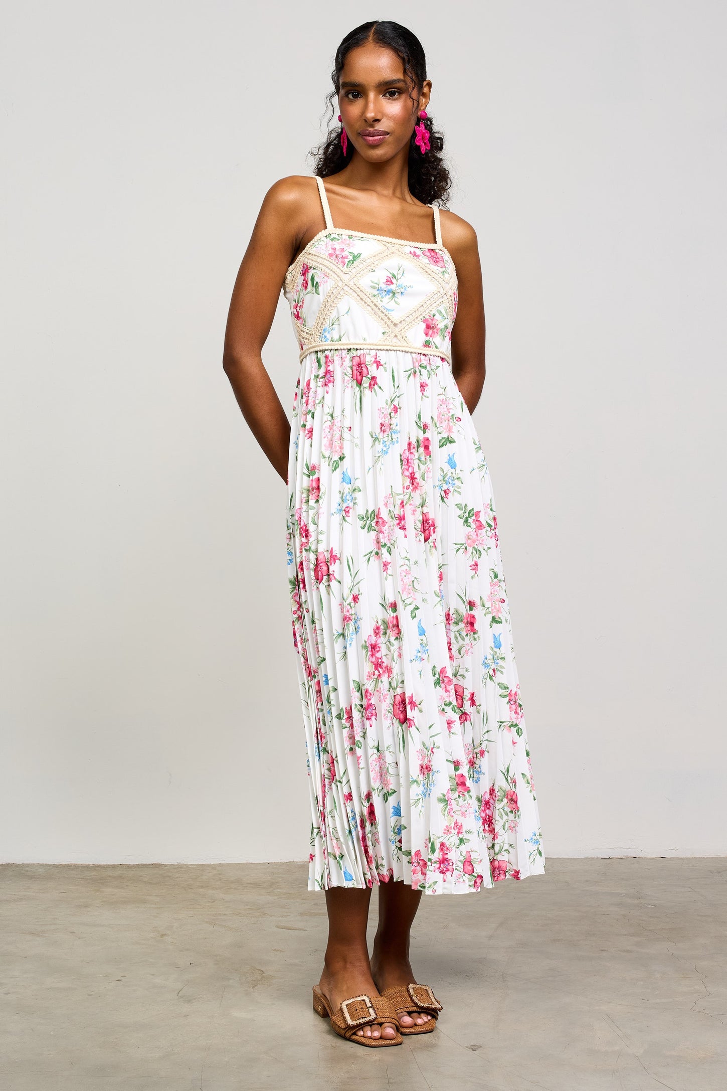 White Floral Pleated Crotchet Detail Midi Dress