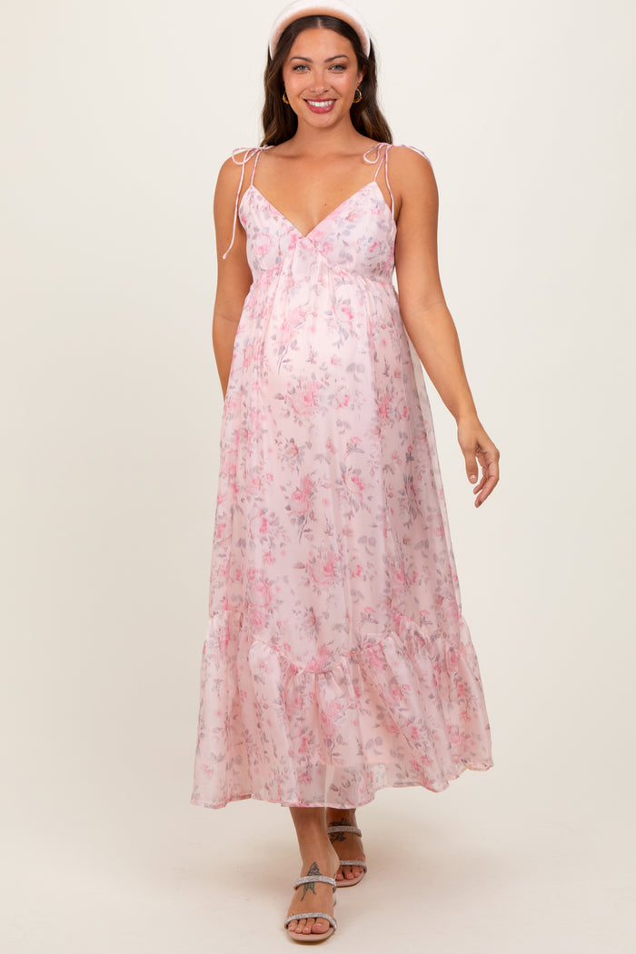 Pink Floral Satin Ruffle Hem Maternity Maxi Dress