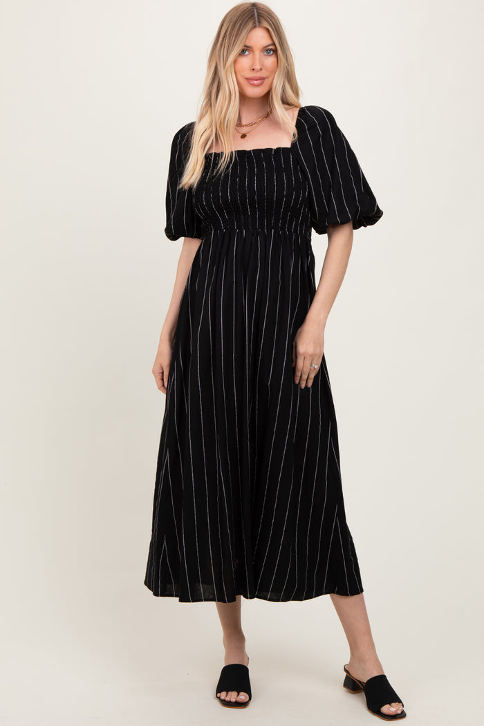 Black Linen Stripe Puff Sleeve Maternity Midi Dress