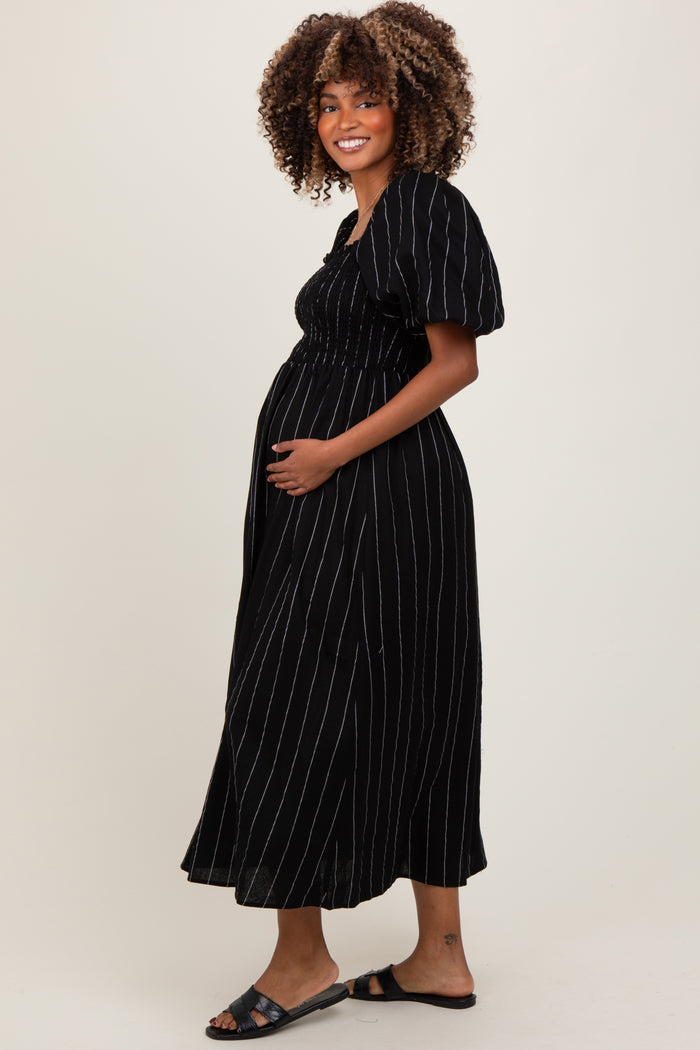 Black Linen Stripe Puff Sleeve Maternity Midi Dress