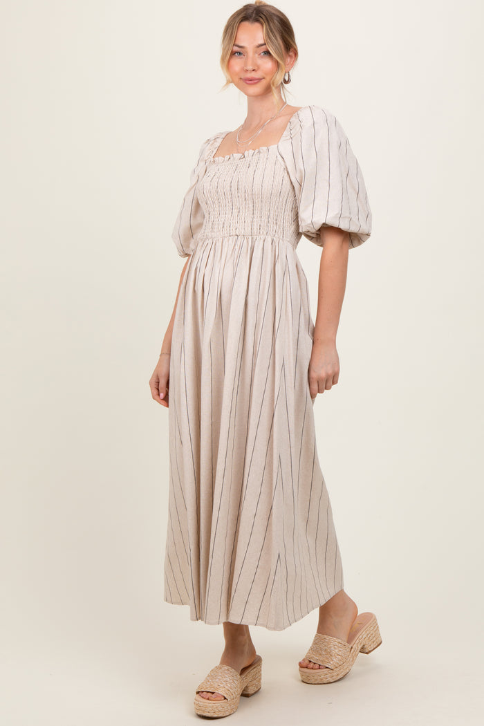 Beige Linen Stripe Puff Sleeve Midi Dress