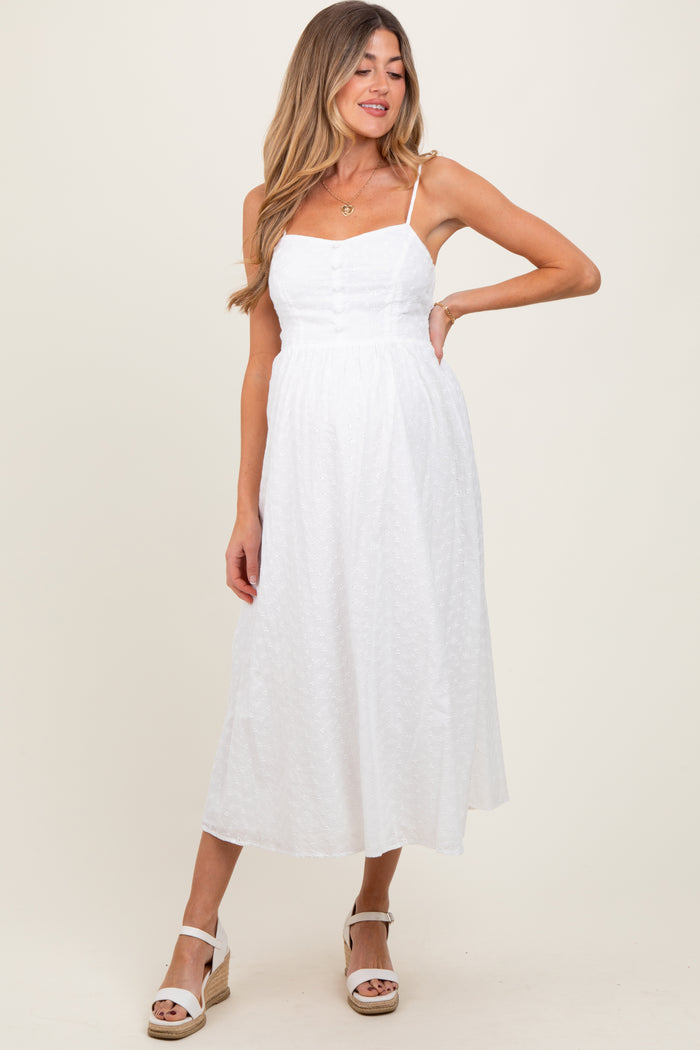 White Eyelet Front Button Sleeveless Maternity Midi Dress