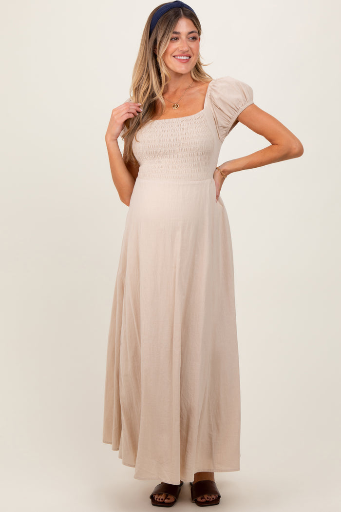 Beige Square Neck Smocked Top Criss Cross Back Tie Maternity Maxi Dress