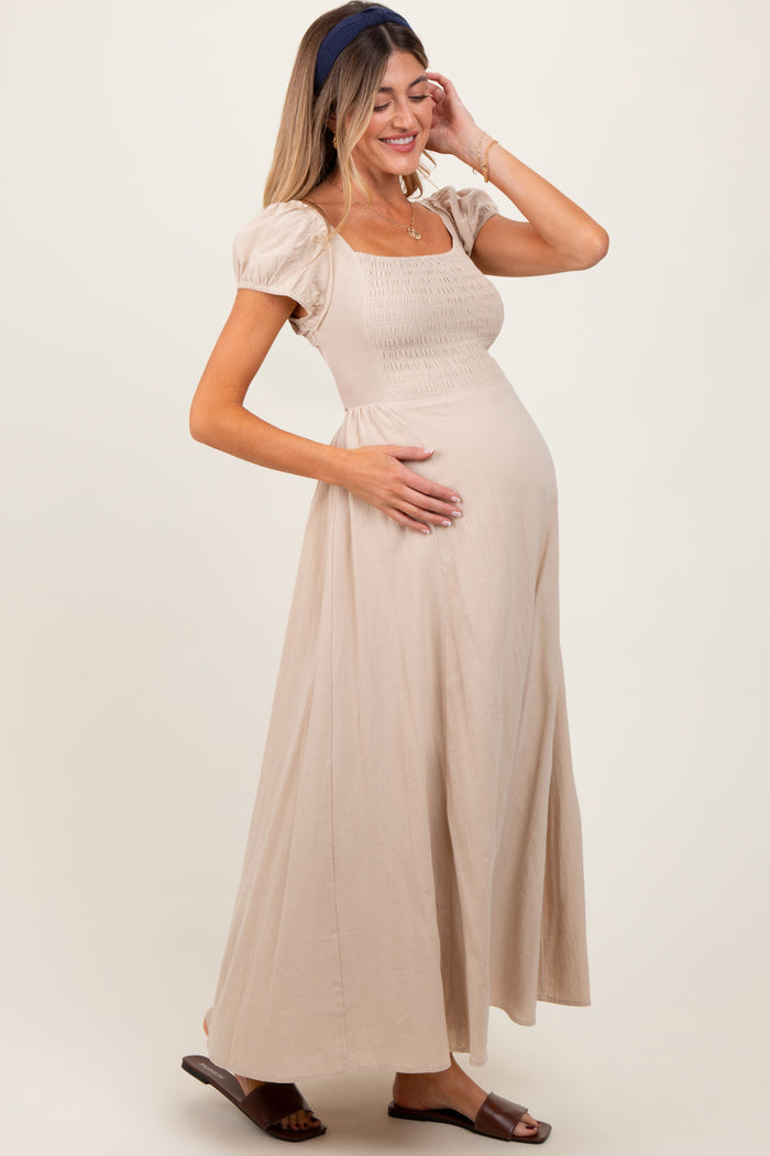 Beige Square Neck Smocked Top Criss Cross Back Tie Maternity Maxi Dress