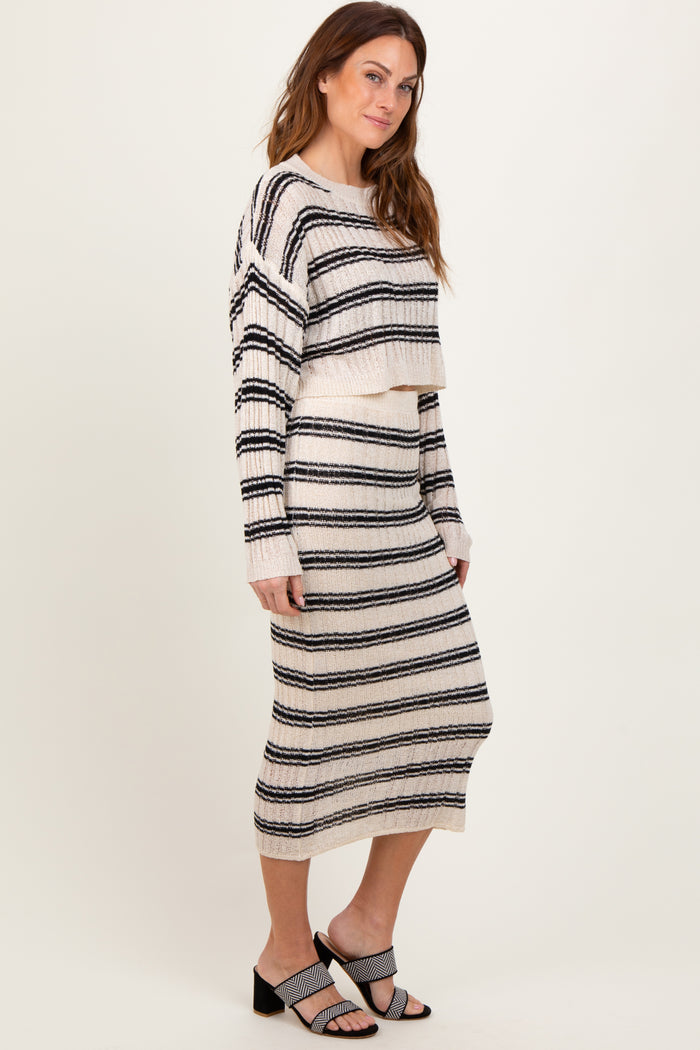 Cream/Black Long Sleeve Crop Top Midi Skirt Set
