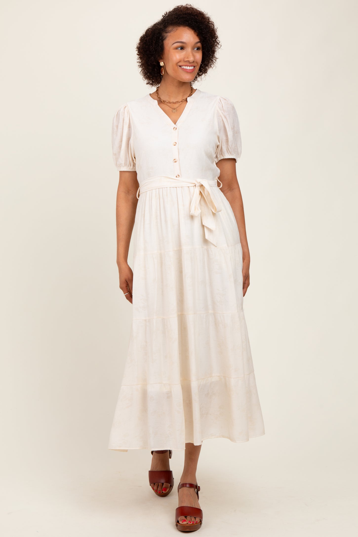 Cream Split Neckline Tiered Maternity Midi Dress