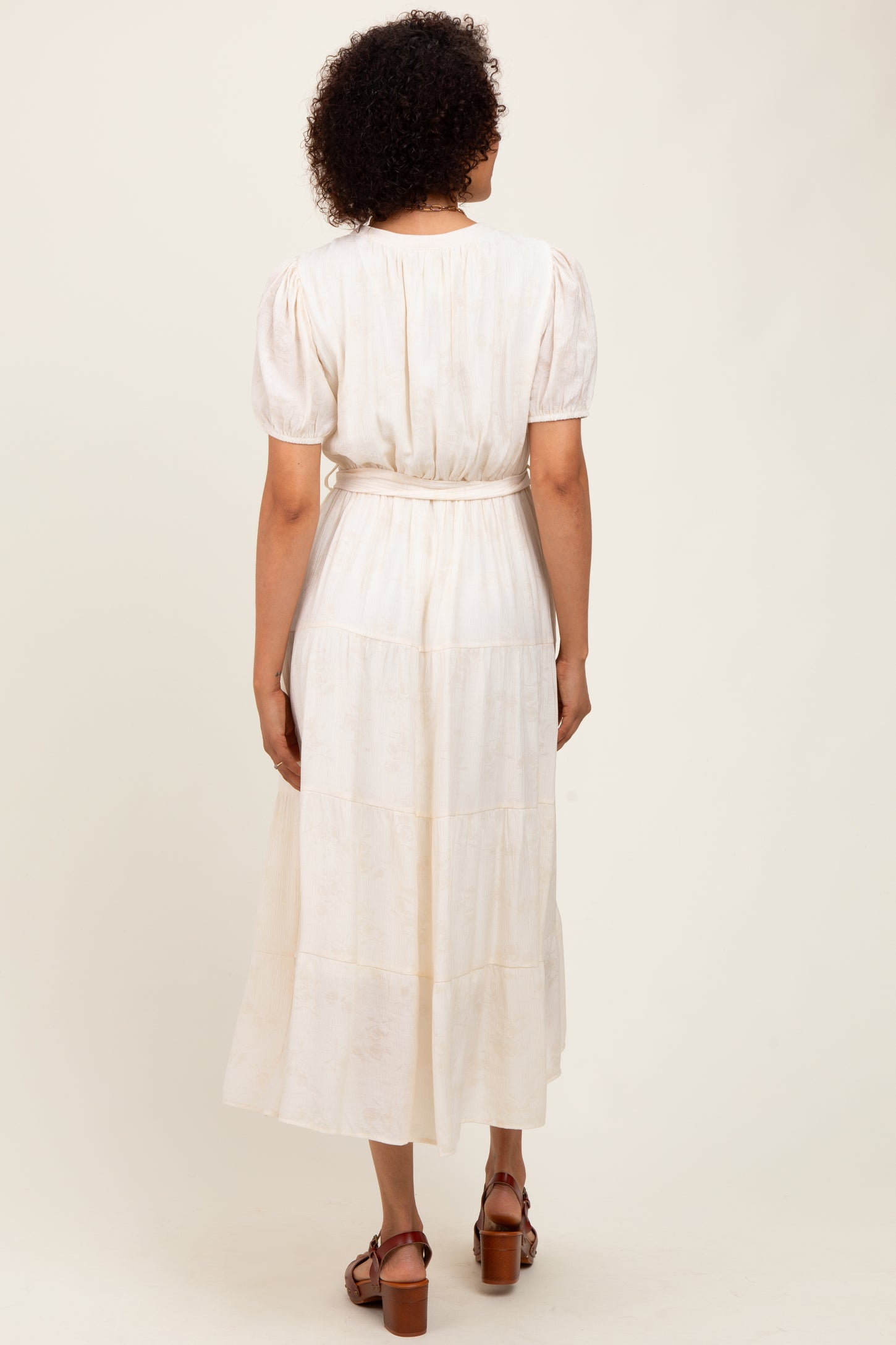 Cream Split Neckline Tiered Midi Dress