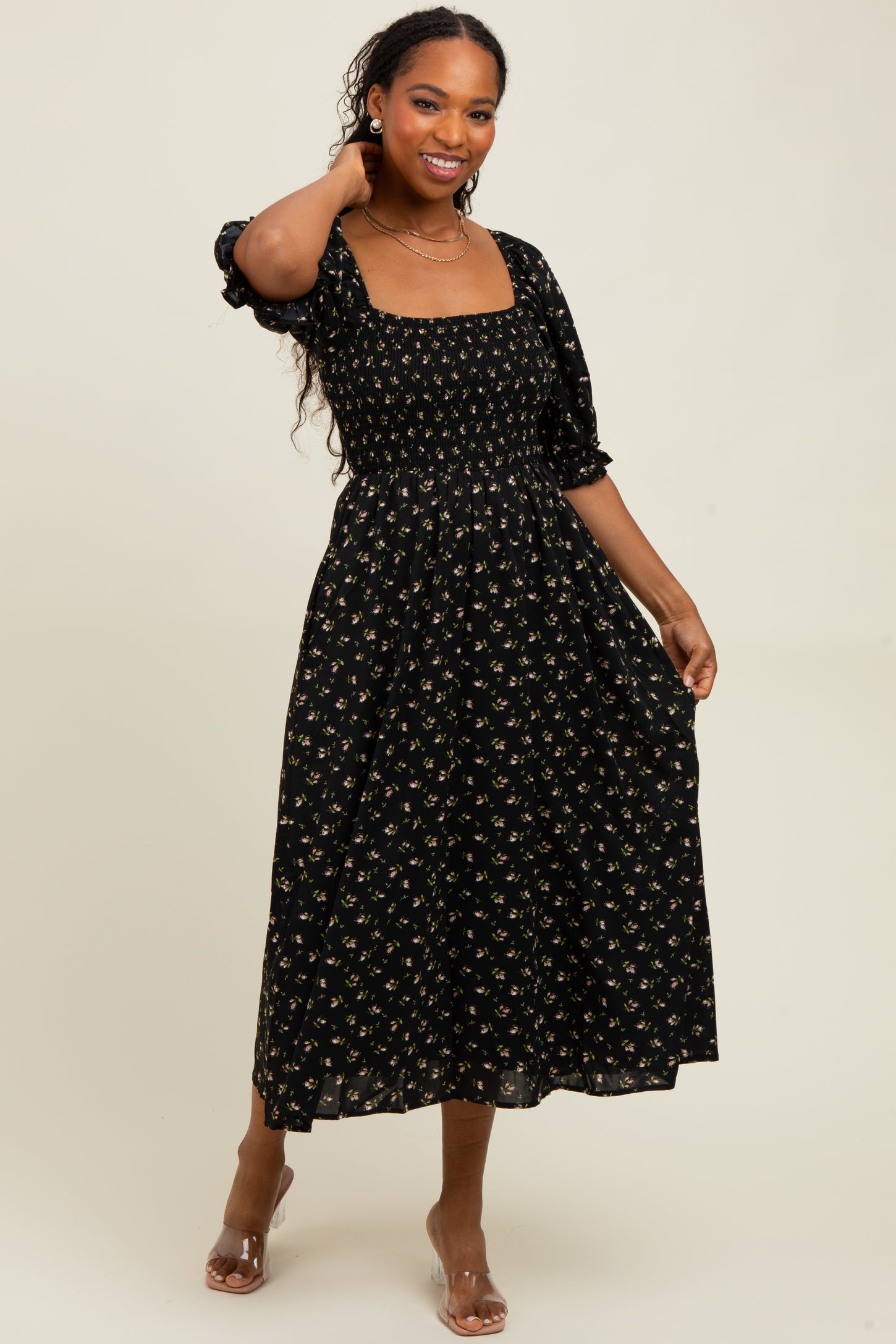 Black Floral Smocked Puff Sleeve Midi Dress