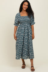 Forest Green Floral Smocked Puff Sleeve Midi Dress