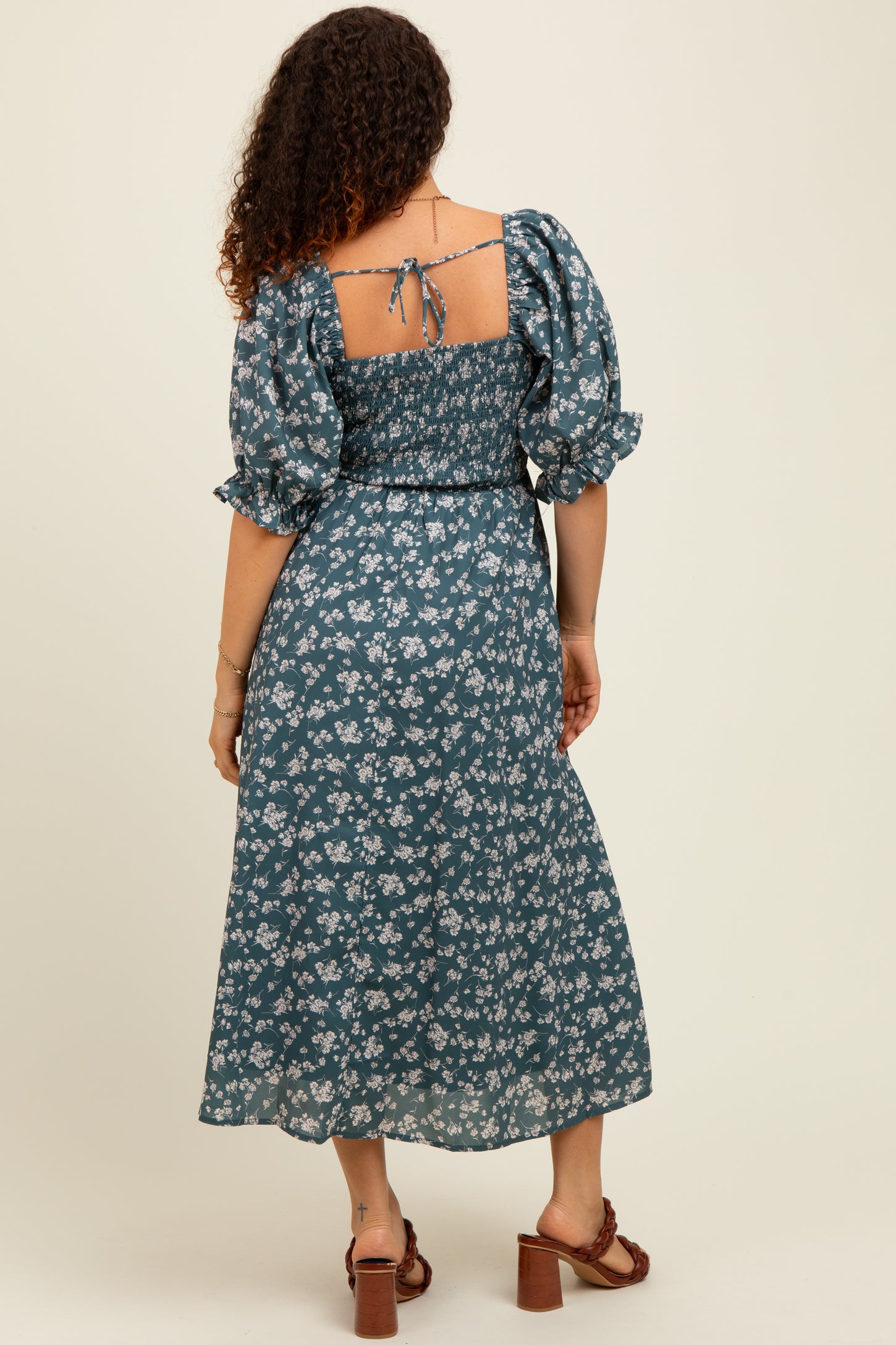 Forest Green Floral Smocked Puff Sleeve Maternity Midi Dress