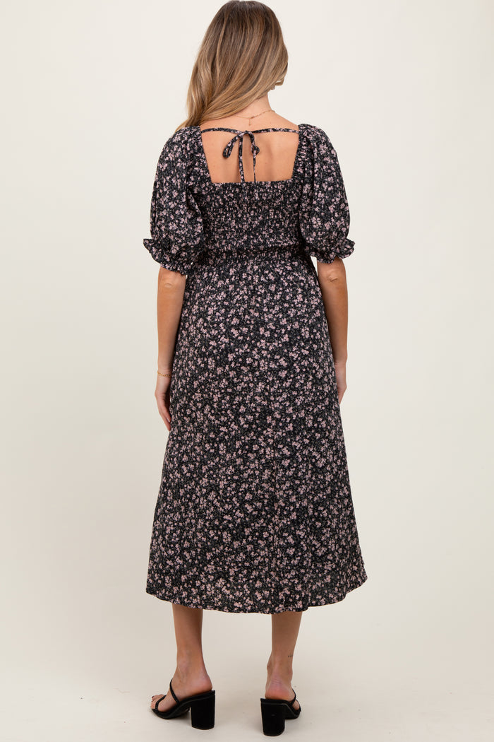 Black Floral Smocked Puff Sleeve Maternity Midi Dress