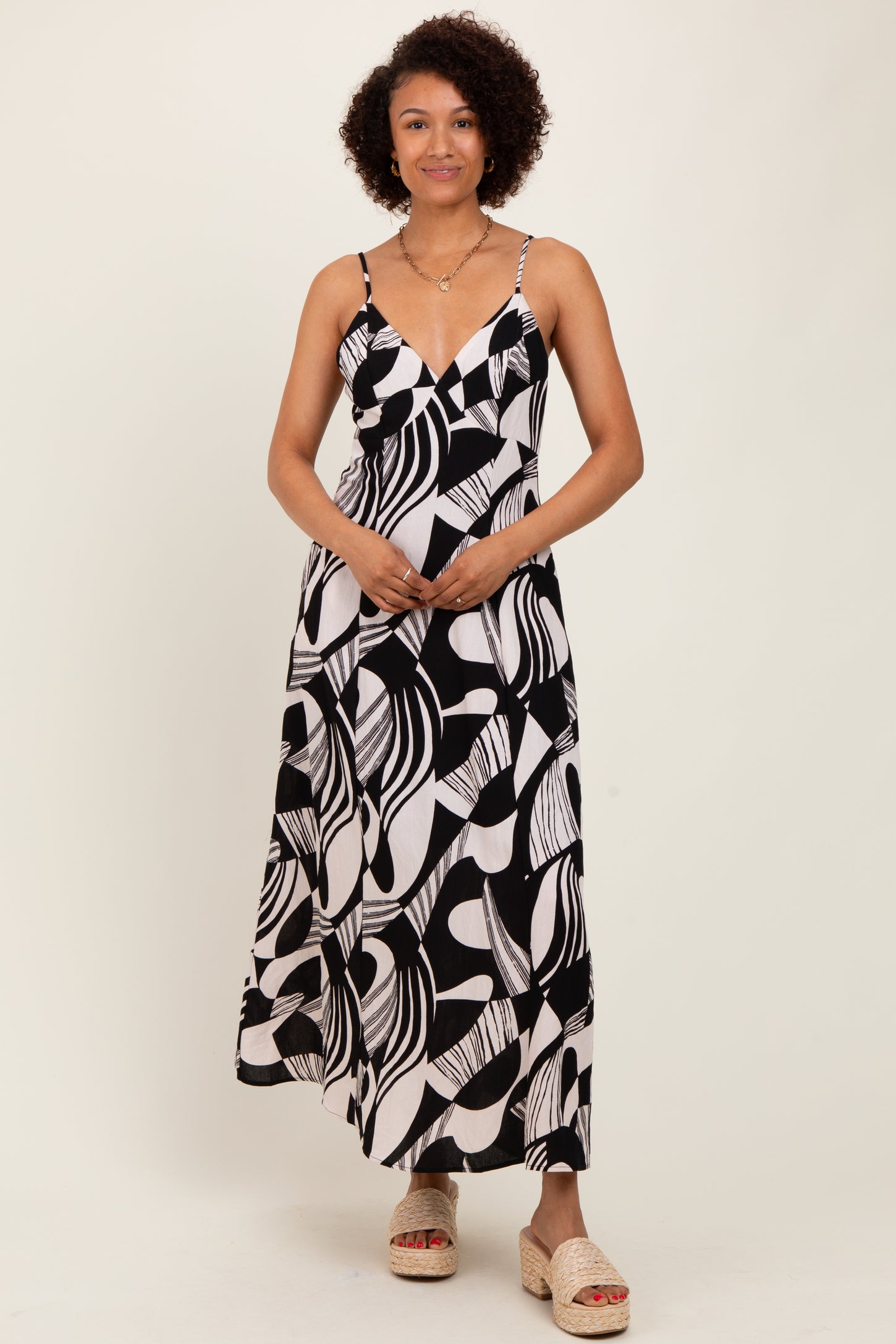 Black Geometric Print Sleeveless Maternity Maxi Dress