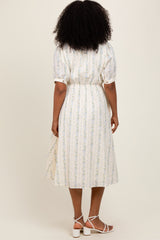 Light Blue Swiss Dot Floral Print Button Down Midi Dress