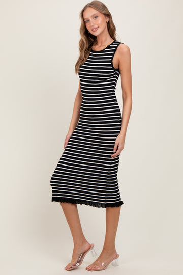 Black Striped Knit Sleeveless Ruffle Hem Midi Dress
