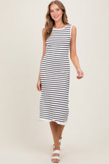 White Striped Knit Sleeveless Ruffle Hem Maternity Midi Dress