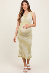 Light Olive Striped Knit Sleeveless Ruffle Hem Maternity Midi Dress