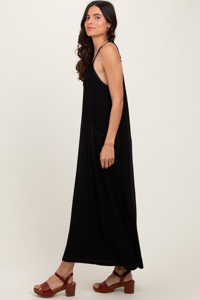Black Linen Mixed Overall Midi Dress