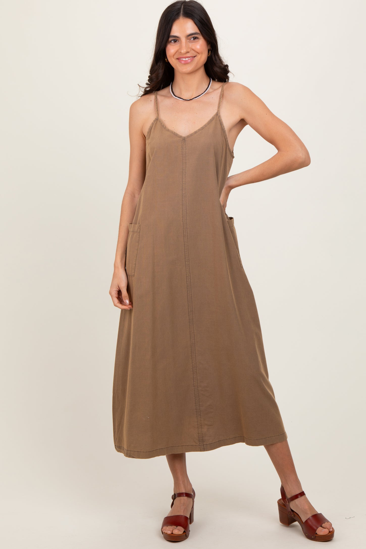 Olive V-Neck Overall Maternity Midi Dress