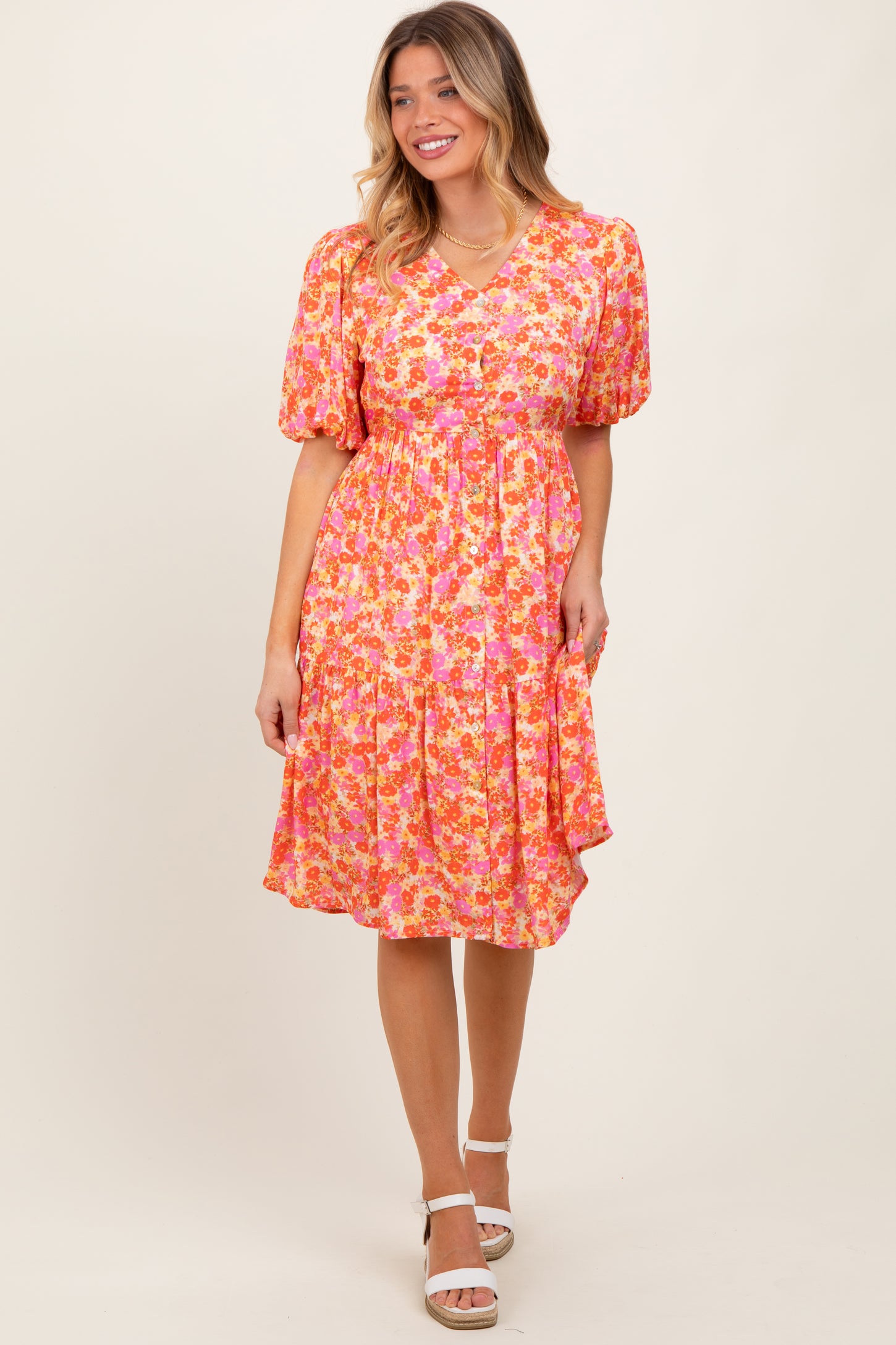 Pink Floral Button Down V-Neck Short Sleeve Dress