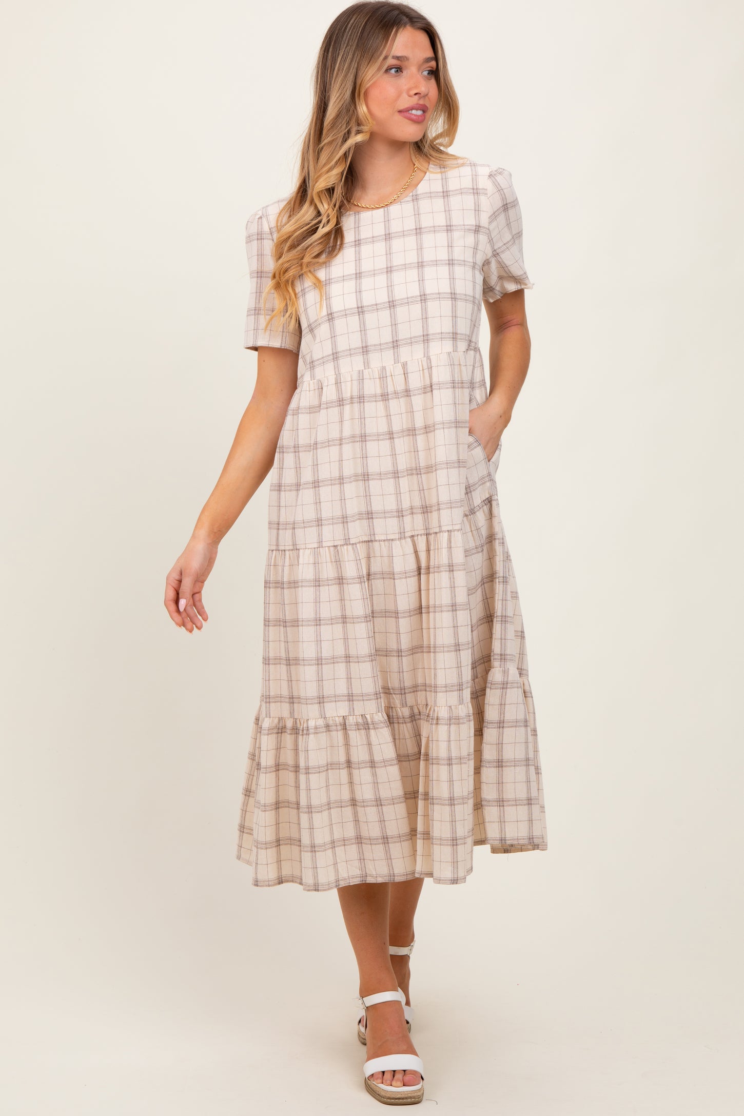 Ivory Plaid Tiered Short Sleeve Maternity Dress