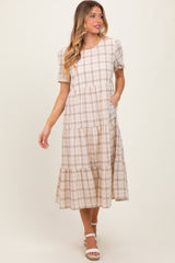 Ivory Plaid Tiered Short Sleeve Maternity Dress