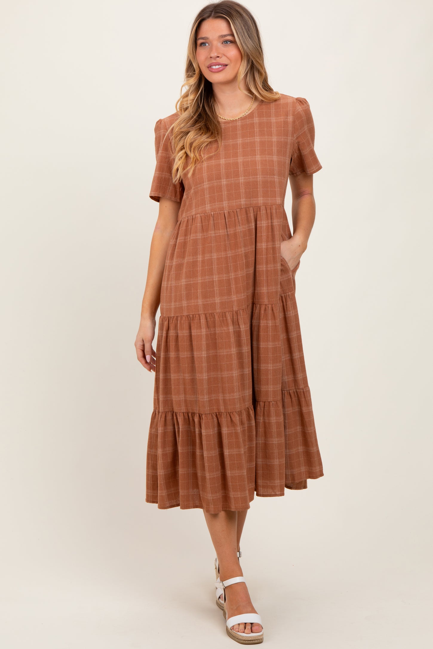 Rust Plaid Tiered Short Sleeve Maternity Dress