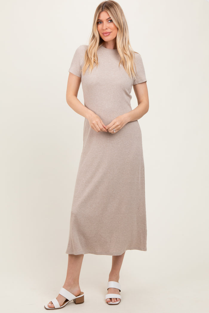 Beige Ribbed Short Sleeve Midi Dress