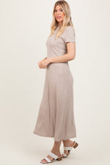 Beige Ribbed Short Sleeve Midi Dress
