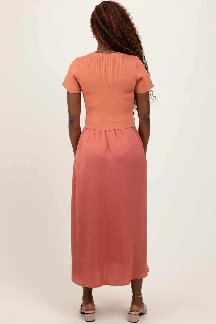 Rust Knit Contrast Top Satin Short Sleeve Midi Dress