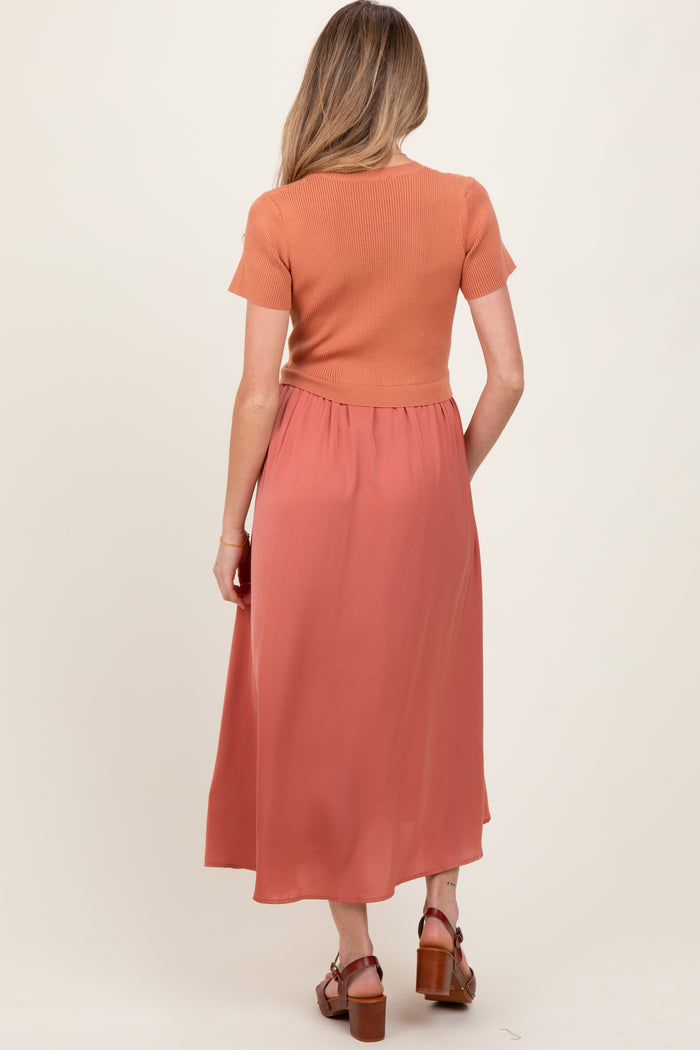 Rust Knit Contrast Top Satin Short Sleeve Maternity Midi Dress