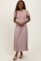 Taupe Knit Contrast Top Satin Short Sleeve Midi Dress