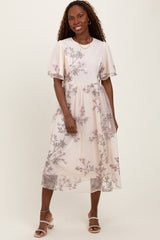 Ivory Floral Embroidered Mesh Maternity Midi Dress