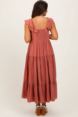 Rust Button Front Ruffle Square Neck Maternity Midi Dress
