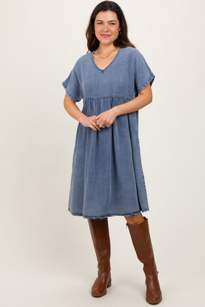 Blue Denim V-Neck Short Sleeve Maternity Dress